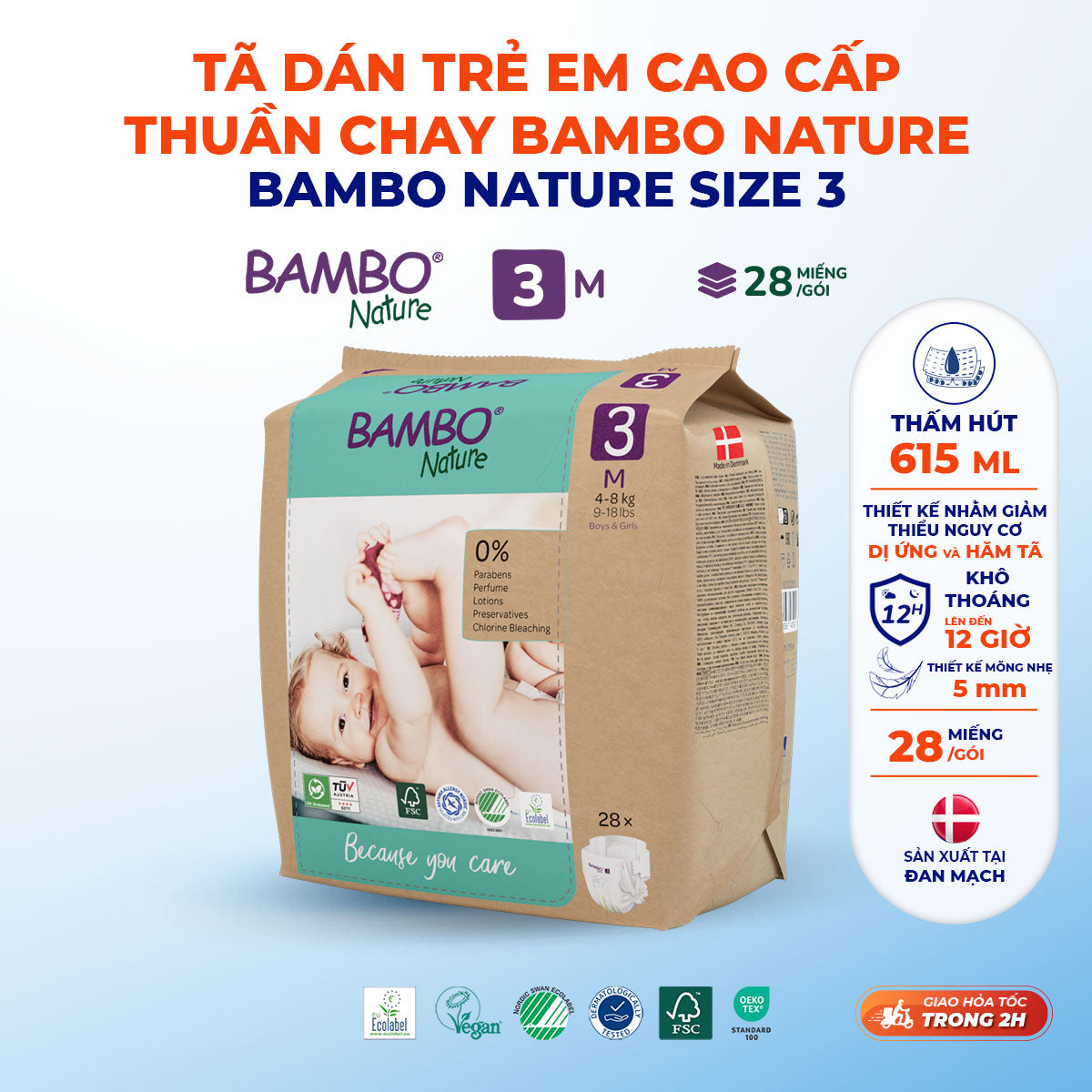 Tã Dán Hữu Cơ Trẻ Em Cao Cấp Bambo Nature - Thoáng Khí - Mỏng Nhẹ, An Toàn Cho Da Bé - Đạt Chứng Nhận An Toàn Quốc Tế