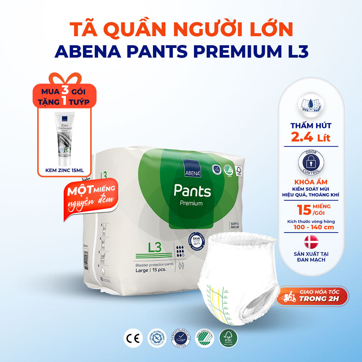 Tã quần người lớn Abena Pants Premium L3 thấm hút 2.400ml - Nhâp khẩu Đan Mạch