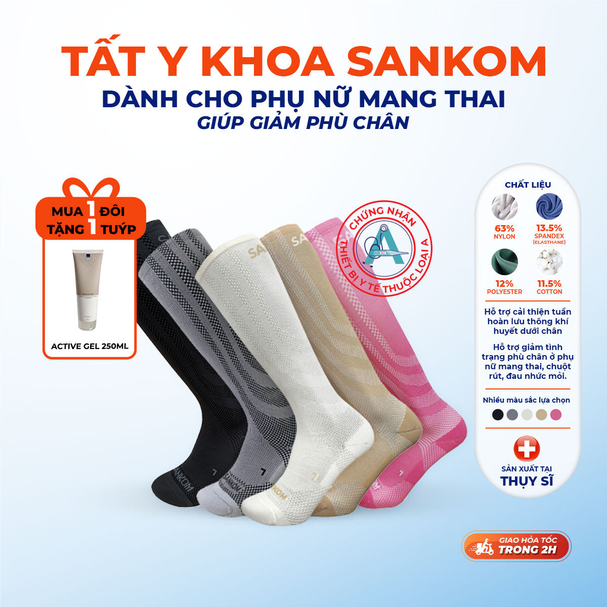 Vớ, Tất y khoa SANKOM - Giúp giảm suy giãn tĩnh mạch - Cho nam và nữ - Thụy Sĩ