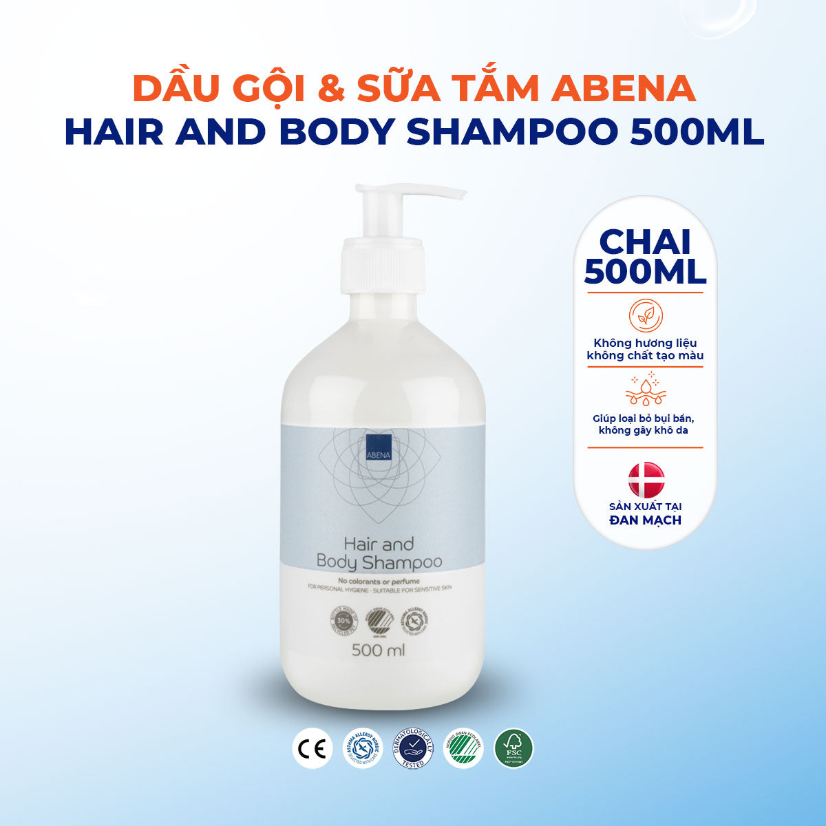 Dầu gội & sữa tắm ABENA Hair and Body Shampoo 500ml (không màu, không mùi)