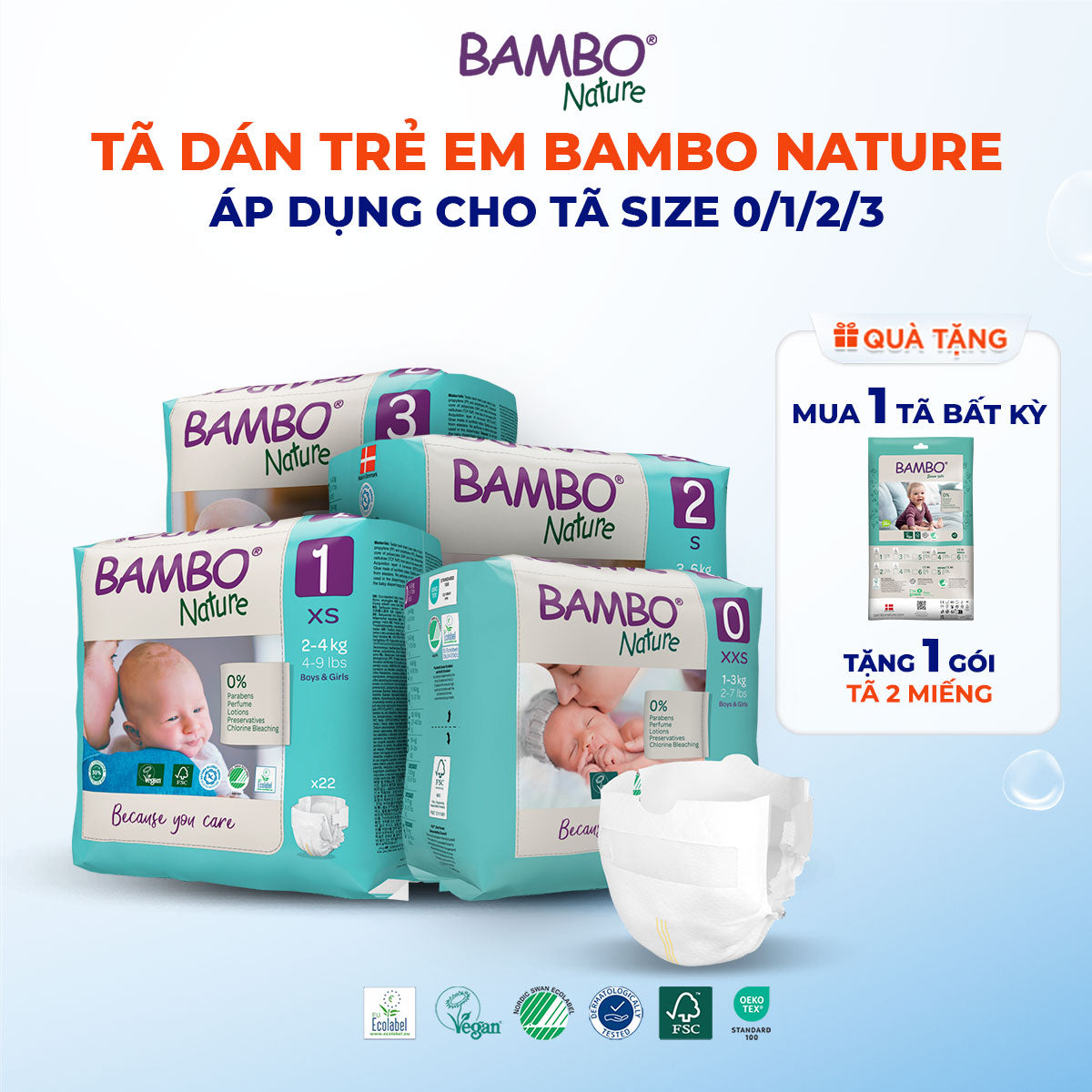 Tã Dán Hữu Cơ Trẻ Em Cao Cấp Bambo Nature - Thoáng Khí - Mỏng Nhẹ, An Toàn Cho Da Bé - Đạt Chứng Nhận An Toàn Quốc Tế