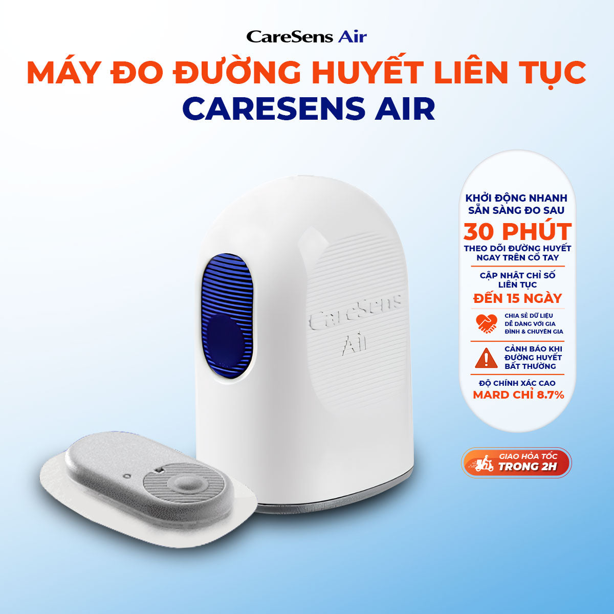 Máy Đo Đường Huyết Liên Tục CareSens Air ISEN-S CGM Theo Dõi 15 Ngày Kết Nối Điện Thoại & Đồng Hồ Thông Minh
