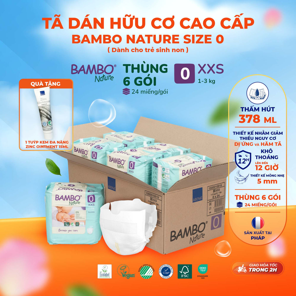 Tã Dán Hữu Cơ Trẻ Em Cao Cấp Bambo Nature - Thoáng Khí - Mỏng Nhẹ, An Toàn Cho Da Bé - Đạt Chứng Nhận An Toàn Quốc Tế