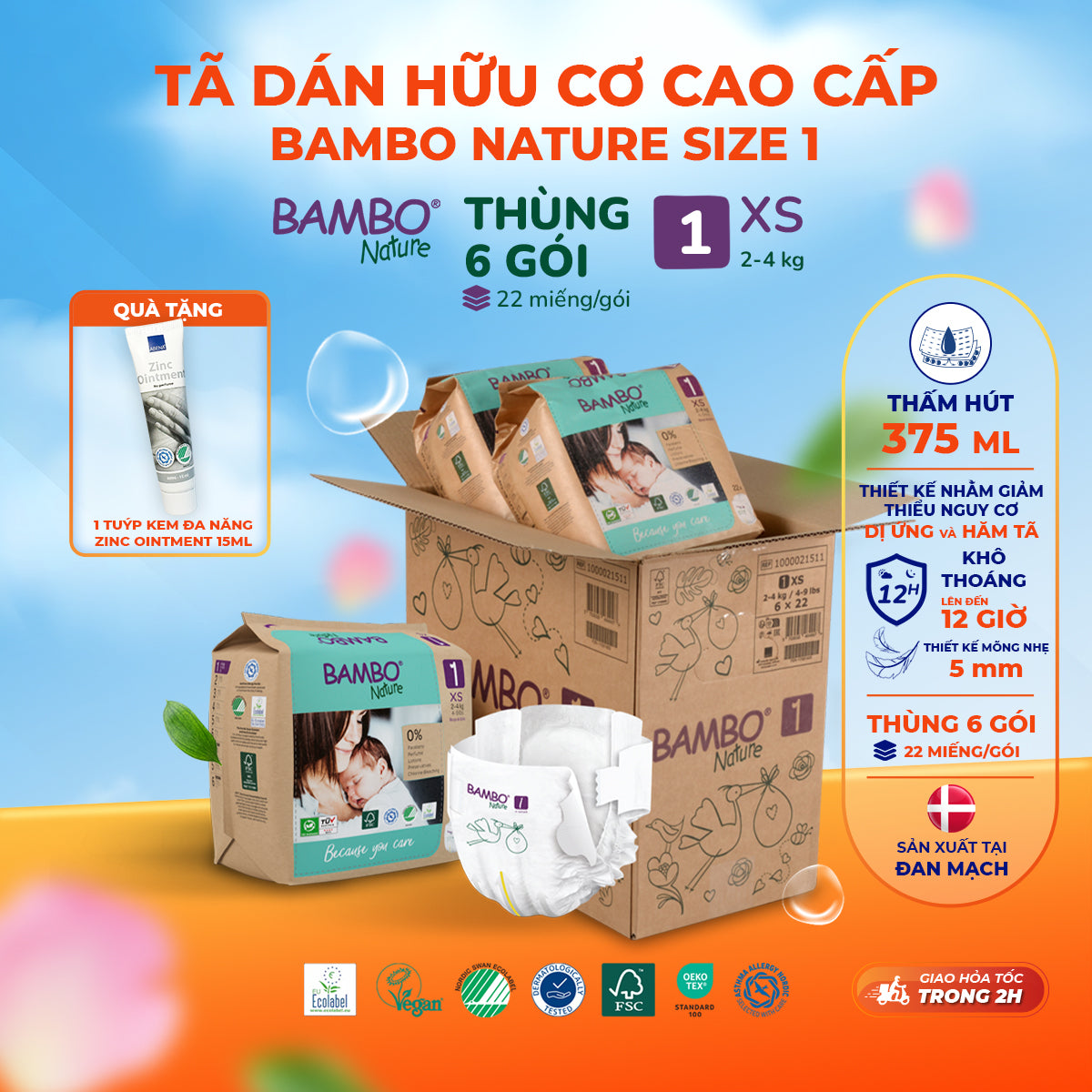 Tã Dán Hữu Cơ Trẻ Em Cao Cấp Bambo Nature - Thoáng Khí - Mỏng Nhẹ, An Toàn Cho Da Bé - Đạt Chứng Nhận An Toàn Quốc Tế