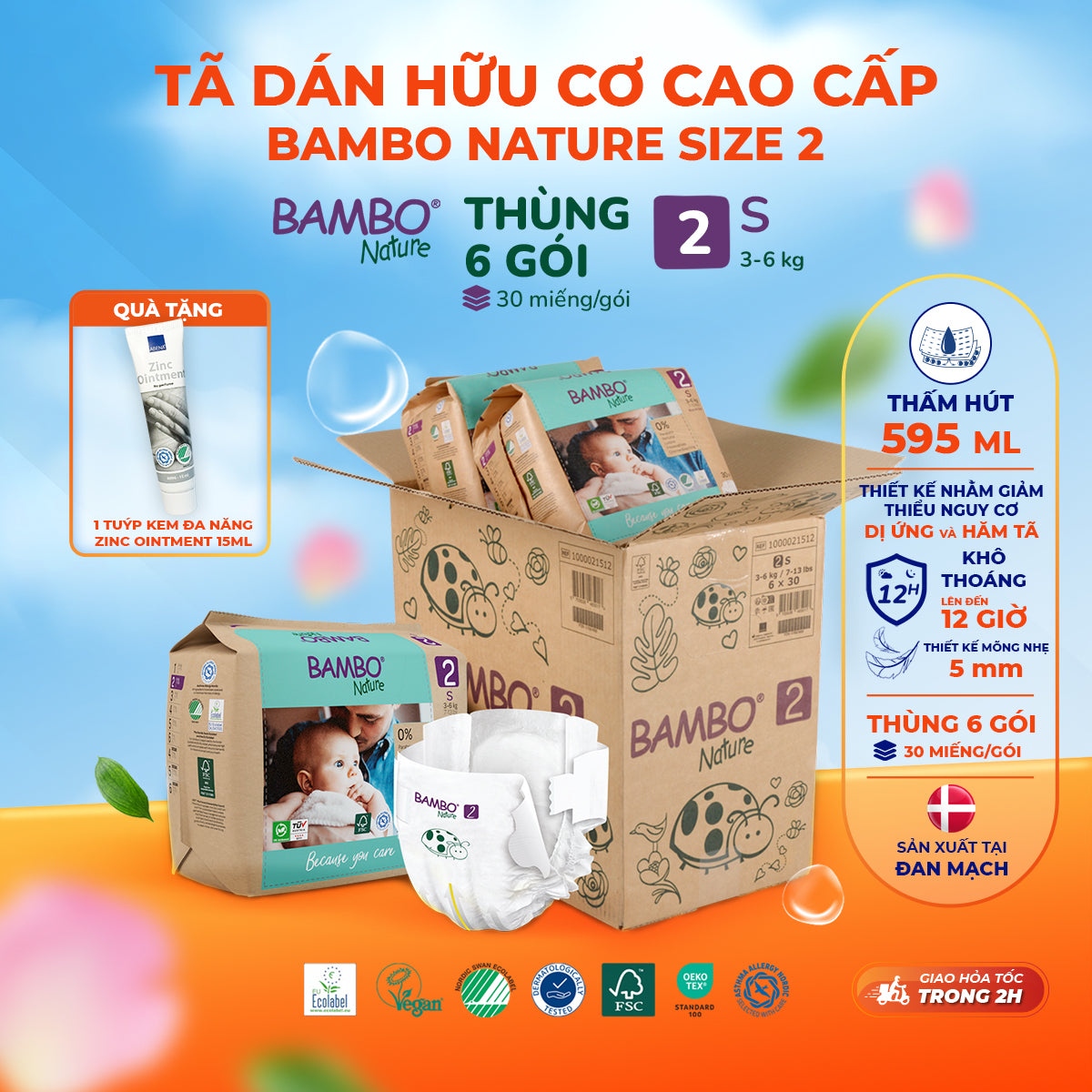 Tã Dán Hữu Cơ Trẻ Em Cao Cấp Bambo Nature - Thoáng Khí - Mỏng Nhẹ, An Toàn Cho Da Bé - Đạt Chứng Nhận An Toàn Quốc Tế