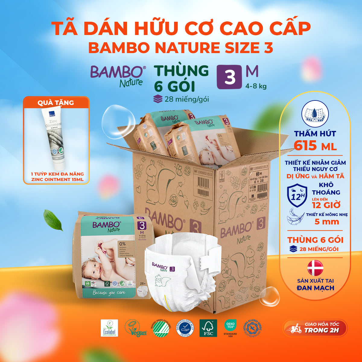 Tã Dán Hữu Cơ Trẻ Em Cao Cấp Bambo Nature - Thoáng Khí - Mỏng Nhẹ, An Toàn Cho Da Bé - Đạt Chứng Nhận An Toàn Quốc Tế