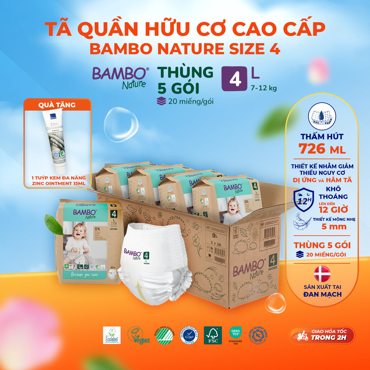 Tã Quần Hữu Cơ Trẻ Em Cao Cấp Bambo Nature - Thoáng Khí - Mỏng Nhẹ, An Toàn Cho Da Bé - Đạt Chứng Nhận An Toàn Quốc Tế