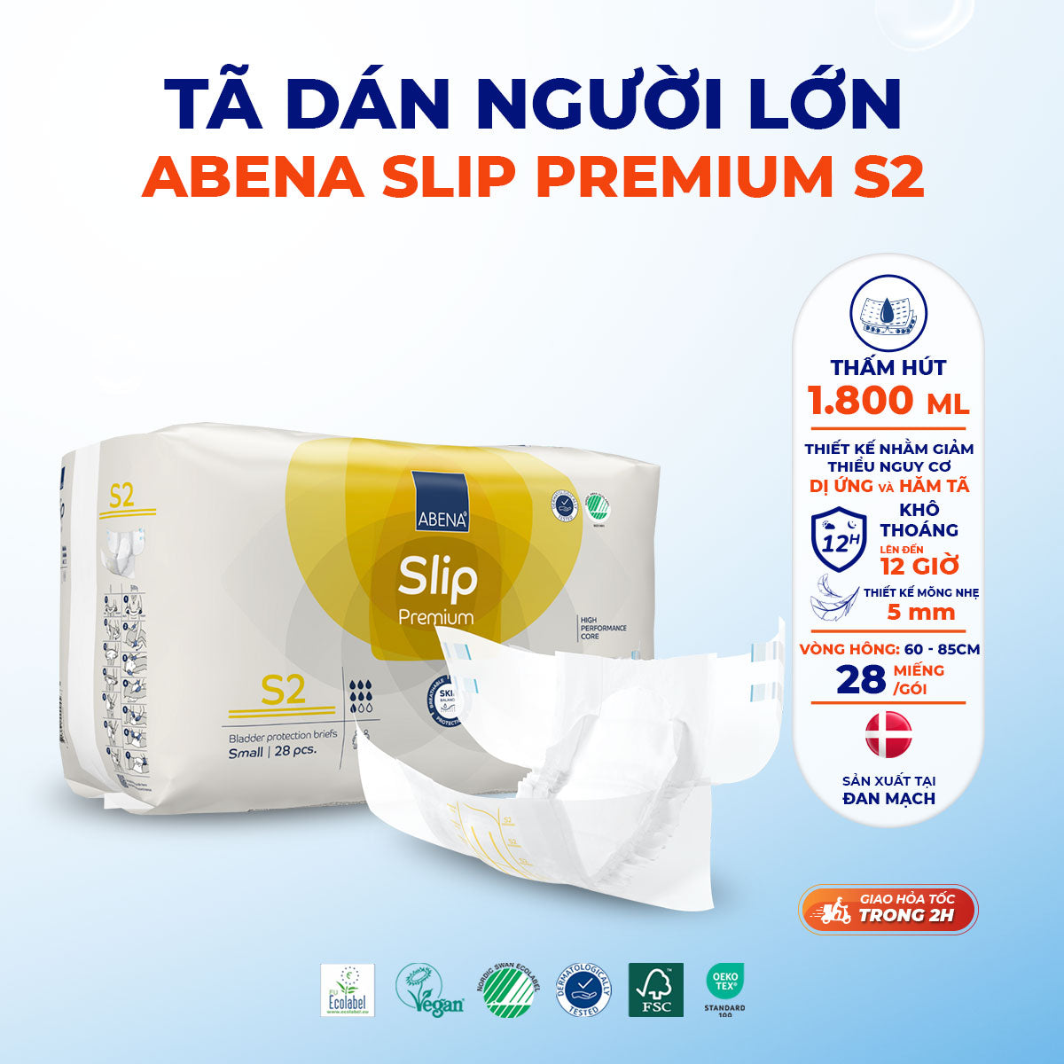 Tã Dán Người Lớn Abena Slip Premium S2 - Siêu Thấm Hút 1800ml - Hông 60-85cm Gói 28 Miếng - Nhập Khẩu Đan Mạch