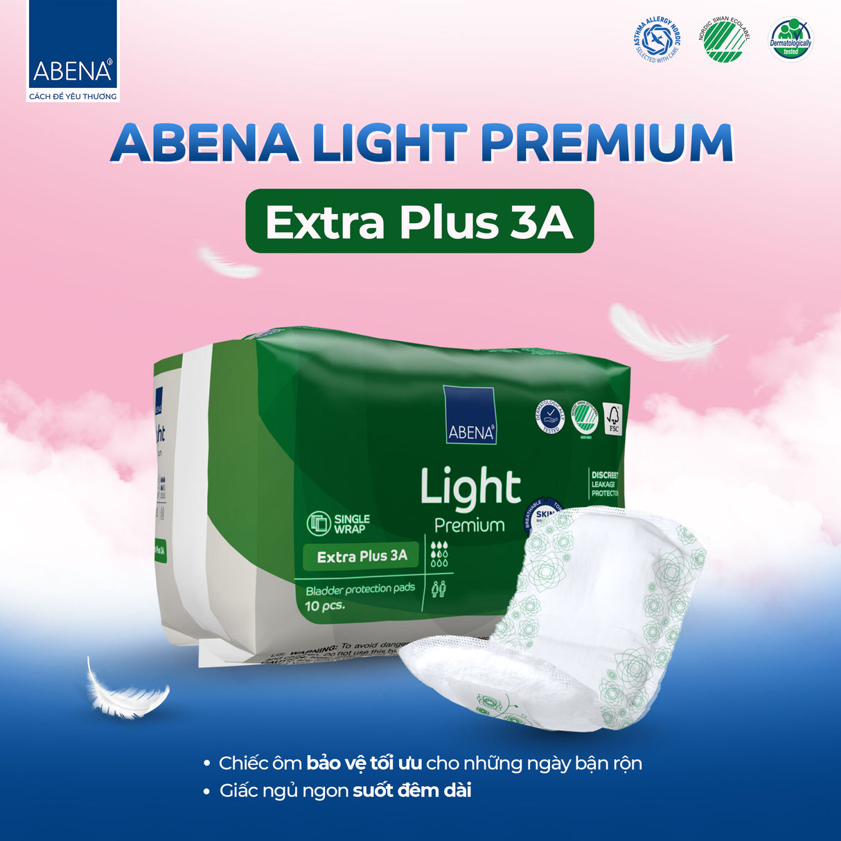 Băng Vệ Sinh Abena Light Premium Extra Plus 3A - Siêu Thấm Hút 650ml - 10 Miếng/Gói - Chính Hãng Đan Mạch