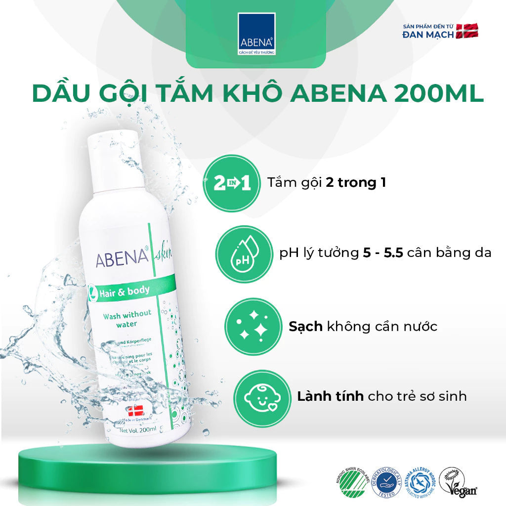 Dầu gội tắm khô Abena giúp làm sạch dịu nhẹ an toàn cho da - Nhập Khẩu Đan Mạch (Chai 200m )