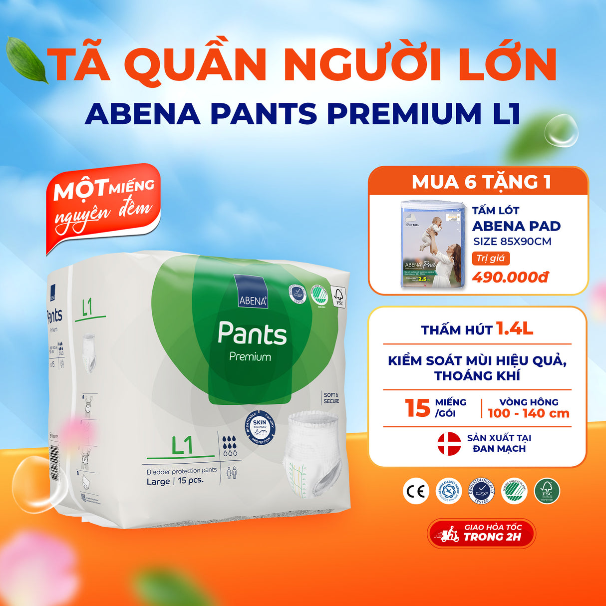 Tã quần người lớn Abena Pants Premium L1 thấm hút 1.400ml - Nhập khẩu Đan Mạch (Gói 15 miếng)