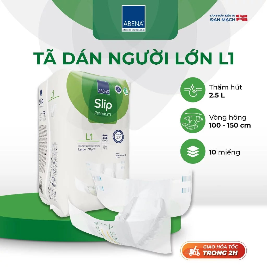 Tã dán người lớn cao cấp Abena Slip Premium L1 siêu thấm hút lên đến 2.5 lít thoải mái ngủ qua đêm - Nhập khẩu Đan Mạch