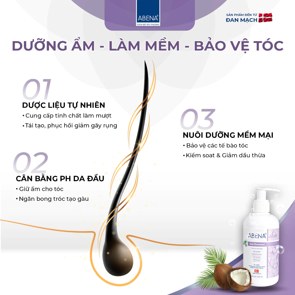 Dầu gội cho da đầu nhạy cảm Abena Hair Shampoo with perfum - Nhập khẩu Đan Mạch (Chai 250ml) Mang lại mái tóc mềm mượt