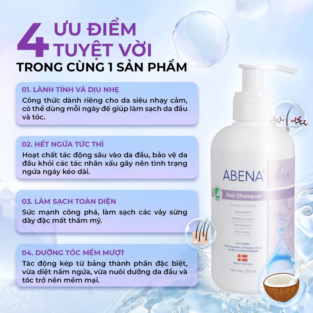 Dầu gội cho da đầu nhạy cảm Abena Hair Shampoo with perfum - Nhập khẩu Đan Mạch (Chai 250ml) Mang lại mái tóc mềm mượt