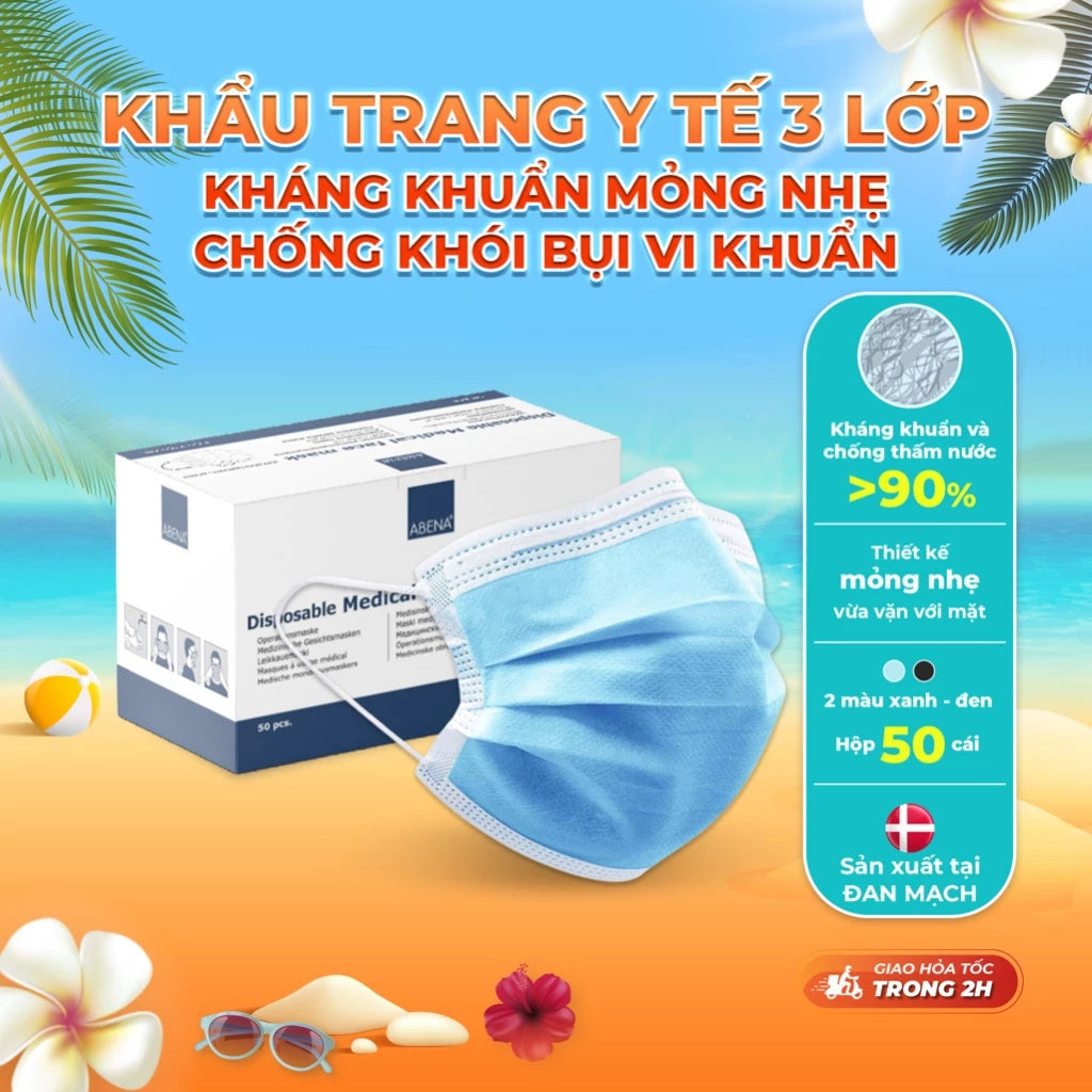 Khẩu trang y tế 3 lớp Abena kháng khuẩn mỏng nhẹ chống khói bụi vi khuẩn (Hộp 50 cái)