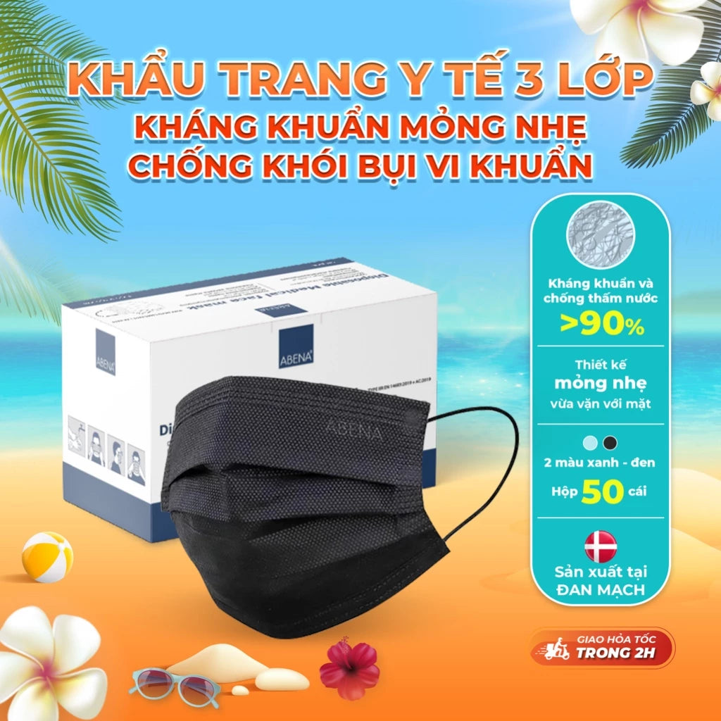 Khẩu trang y tế 3 lớp Abena kháng khuẩn mỏng nhẹ chống khói bụi vi khuẩn (Hộp 50 cái)