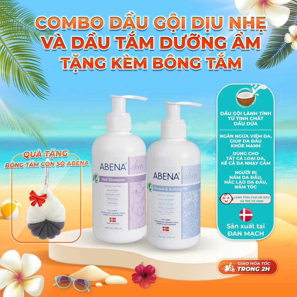 Bộ 3 Sản Phẩm Abena: Dầu Gội Dịu Nhẹ, Dầu Dưỡng Ẩm và Bông Tắm