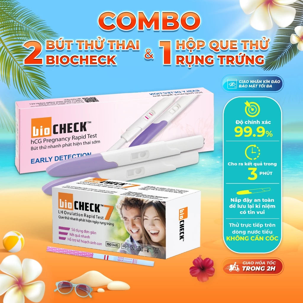 Combo 2 bút thử thai kèm hộp 7 que thử rụng trứng Biocheck