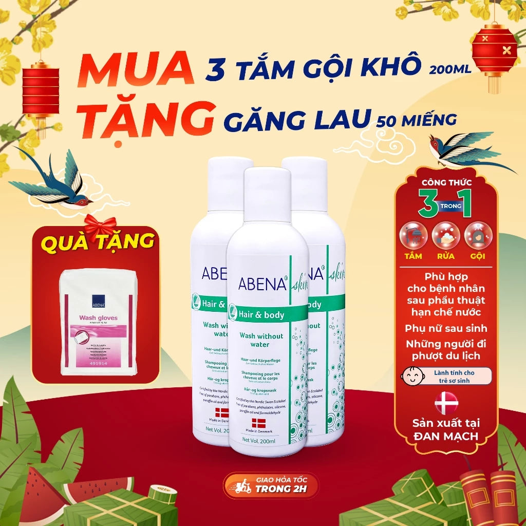 Dầu gội tắm khô Abena giúp làm sạch dịu nhẹ an toàn cho da - Nhập Khẩu Đan Mạch (Chai 200m )