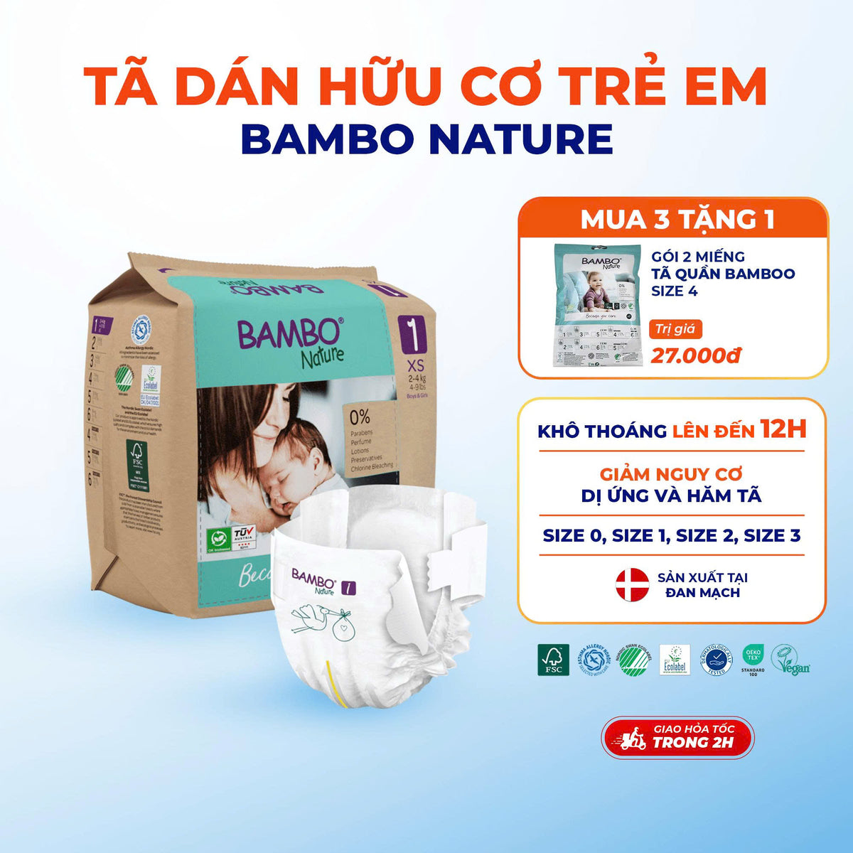 Tã Dán Hữu Cơ Trẻ Em Cao Cấp Bambo Nature - Thoáng Khí - Mỏng Nhẹ, An